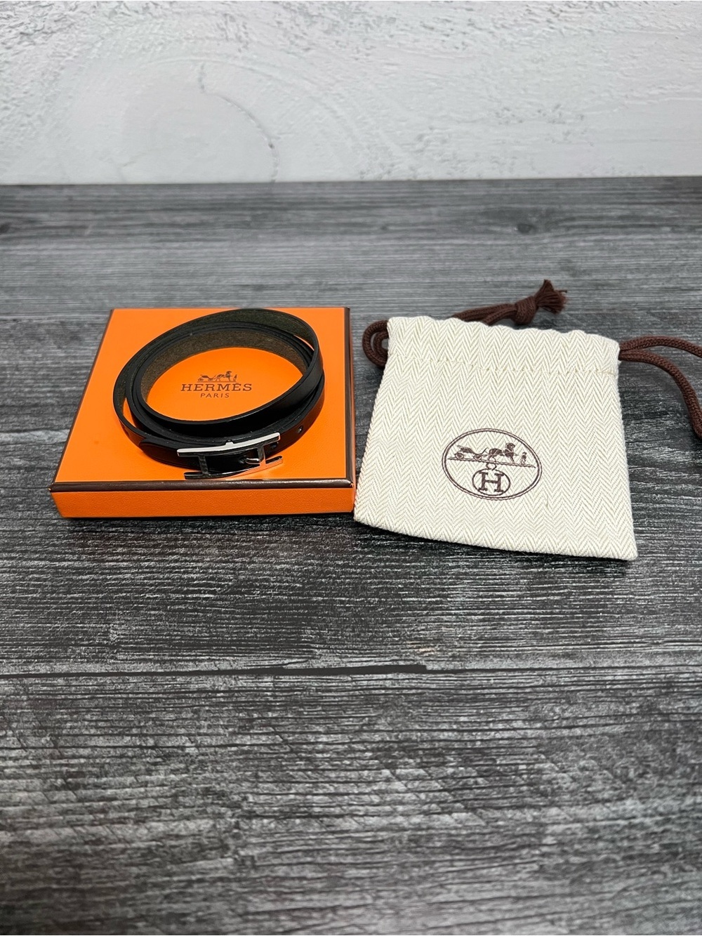 Authentic Hermes Black Leather Double Tour Bracelet with Silver Buckle - Picture 2 of 6